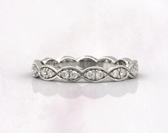 Elegante alianza de boda de eternidad con diamantes - Anillo apilable Art Déco de oro blanco de 14 k