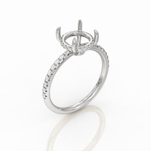 May include: A silver ring with a round center setting and a band of small diamonds.