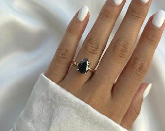 Black Onyx Ring, 14K Rose gold Pear teardrop Solitaire Ring