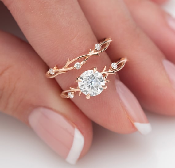 1 CT Dainty Twig Engagement Ring Set Moissanite Gold Wedding 