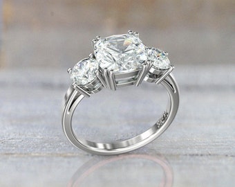 cushion cut engagement ring, Moissanite Cushion Cut & 2 Round Cut, 3 stone Meghan ring, 14\18k