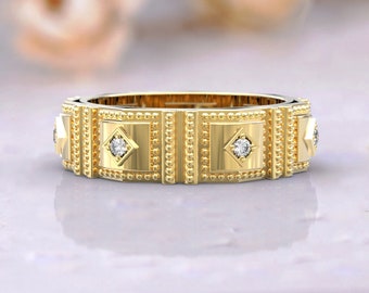 Wide Diamond Wedding Band 14k Gold Ring