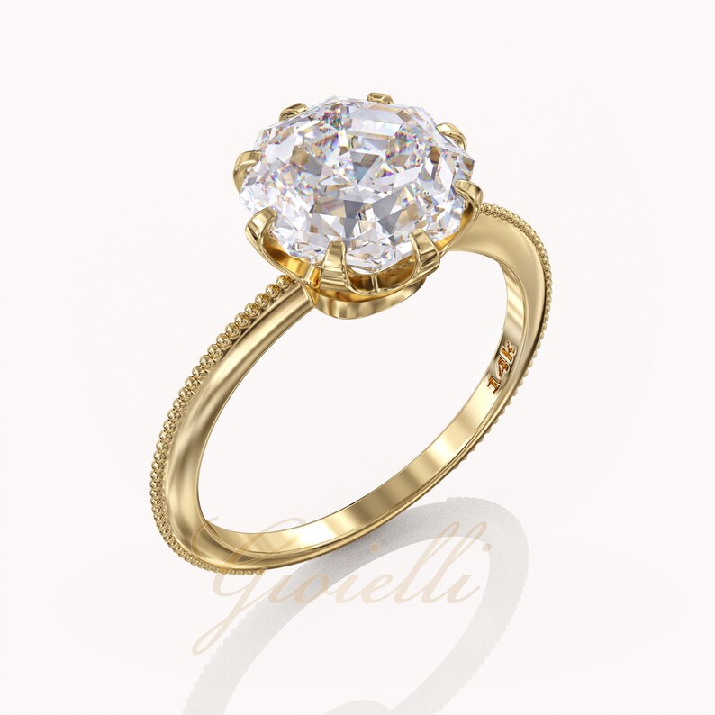 Moissanite Octagon Ring, Solitaire bezel engagement ring, 2ct moissanite knife edge 1418k gold milgrain ring image 5