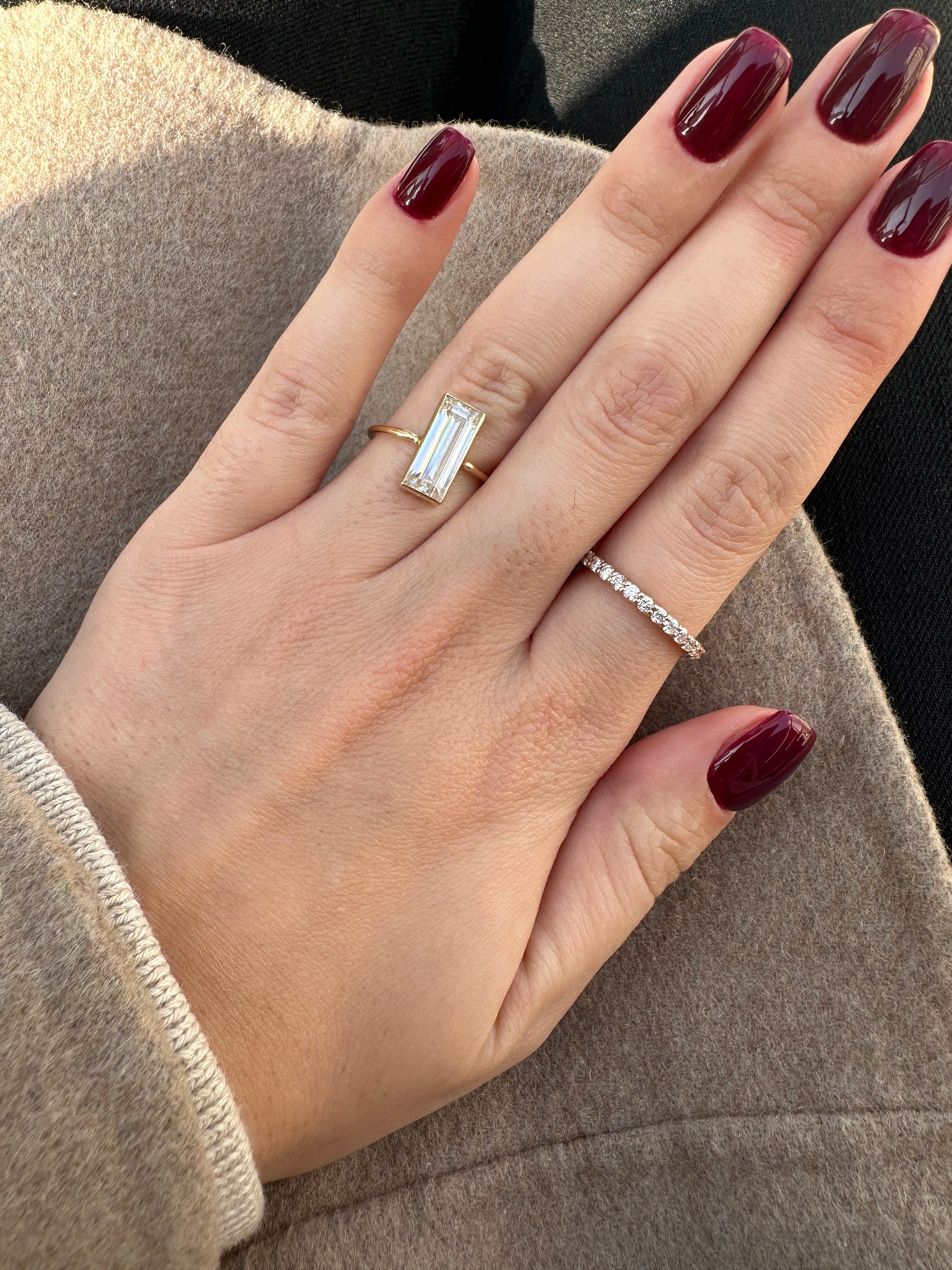 bezel set Moissanite Baguette engagement ring, 2 Carat Thin Baguette 12x5 mm, 14\18k 1.5mm band
