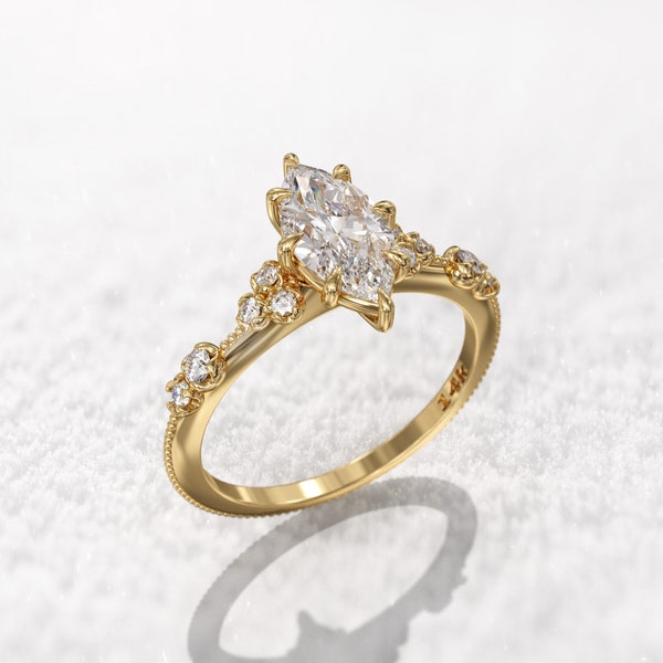 unique art deco marquise diamond engagement ring, 0.70 ct lab diamond marquise & clusters of sparkling diamonds 14\18k