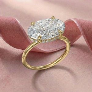 3 Karat ovaler Moissanit Verlobungsring, Versteckter Heiligenschein, 585 Gold