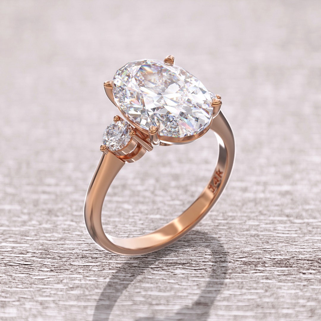 14K Gold Oval Moissanite Engagement Ring | Three Stone Design | 5.5 ...
