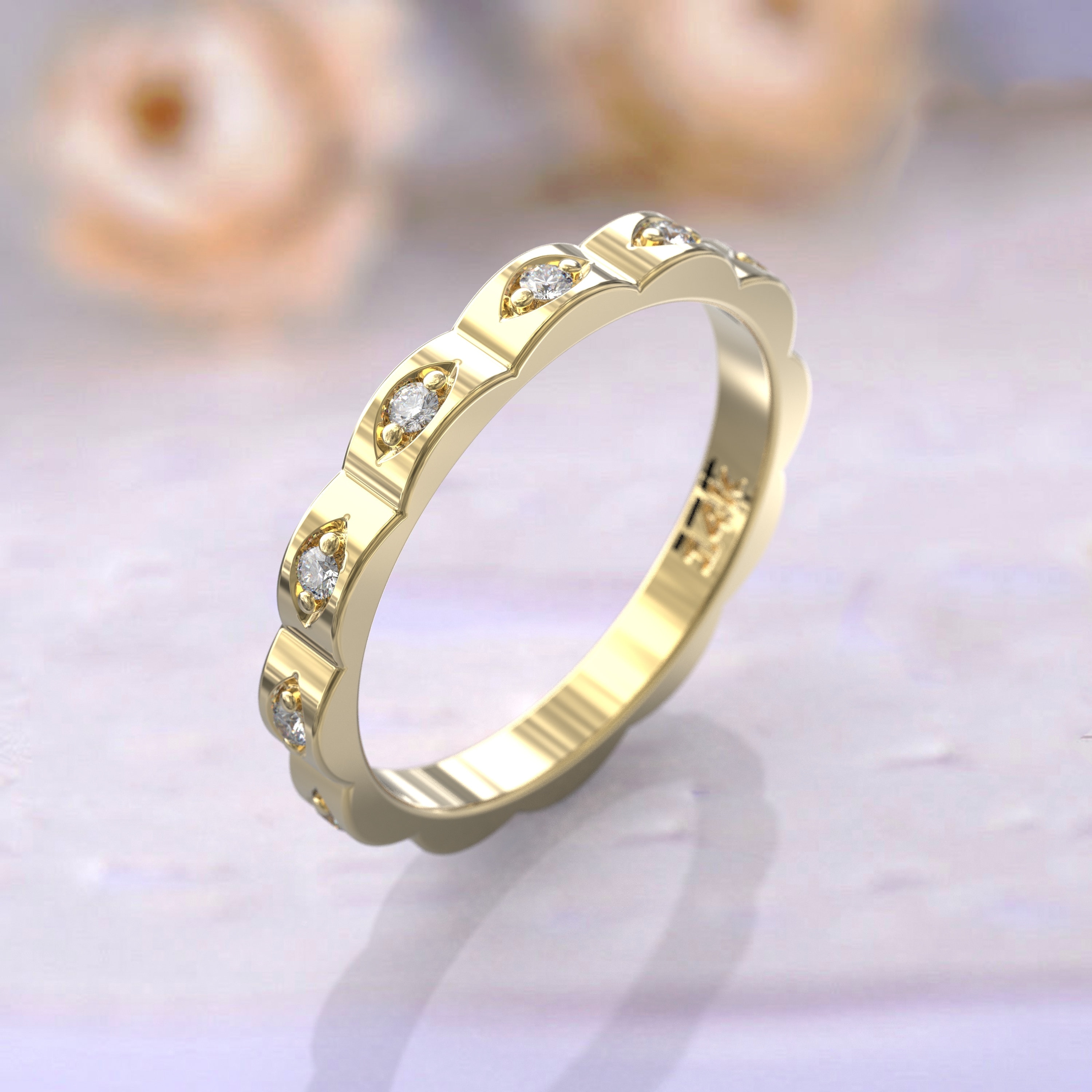 Vintage Inspired Diamond Eternity Ring 14k Yellow Gold 2.5 Mm Thin Ring ...