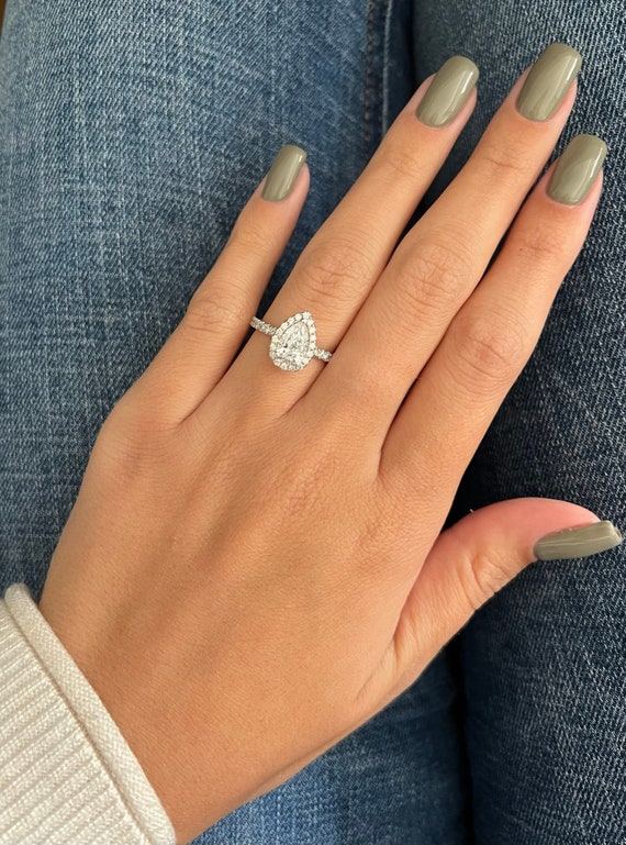 Pear Shaped Diamond Ring, Pear Lab Grown Diamond Halo Engagement Ring