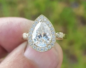 Pear cut Moissanite Engagement Ring, 2 Carat Pear cut Halo Diamond & 2 diamond side band