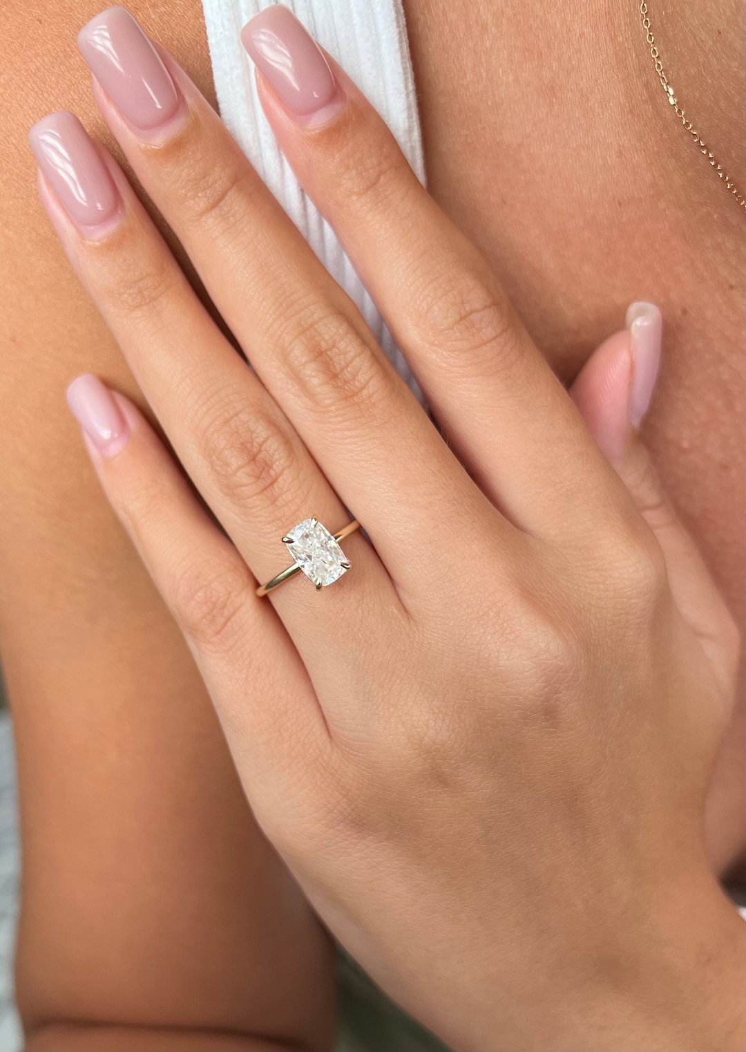 Hidden Halo Diamond Elongated Cushion Moissanite Engagement