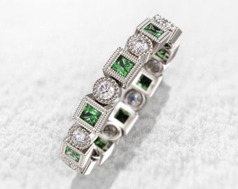 Genuine emerald wedding band Diamond Eternity Rring Natural Diamond 3mm Wedding Ring 14K Rose Gold milgrain bezel band