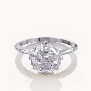 Moissanite Octagon Ring, Solitaire bezel engagement ring, 2ct moissanite knife edge 1418k gold milgrain ring image 9