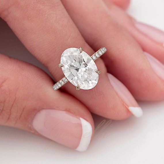 Oval Moissanite Engagement Ring Hidden Halo Elongated Oval 3.5 Ct