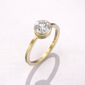 1 carat solitaire engagement ring, 1 ct Moissanite Bezel Solitaire, 14K yellow gold, 1.5mm band polished or matte Finishing
