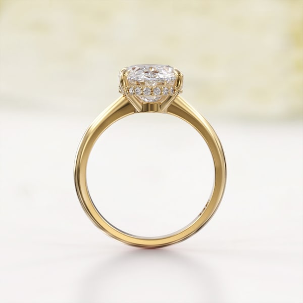 3 Carat Oval Moissanite Engagement Ring – Hidden Halo diamond, Low Profile – Knife Edge 1.5mm Band in 14K/18K