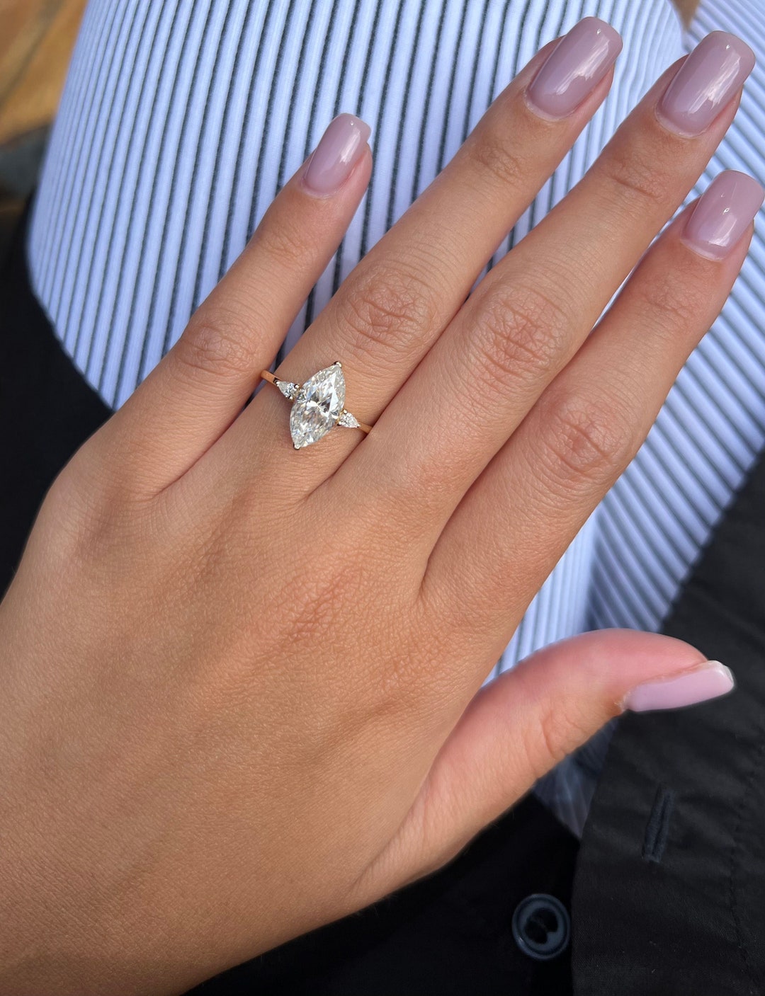 3 Stone Moissanite Engagement Ring, 2ct Marquise & 2 Pear