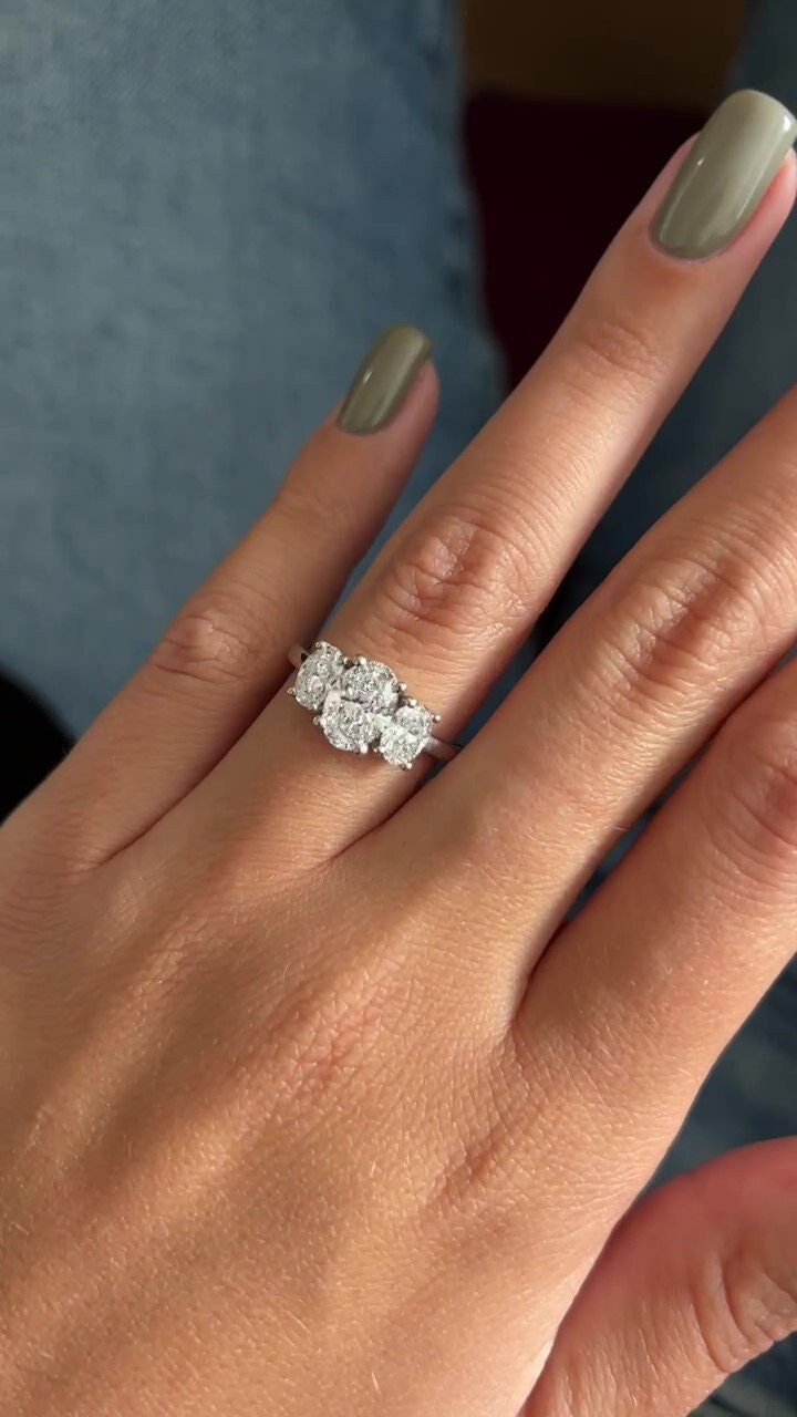 3 Stone Oval Diamond Ring 1 Carat Oval Lab Grown Diamond 0.80 Carat 2 Side Lab Diamond 14 8K IGI Certified