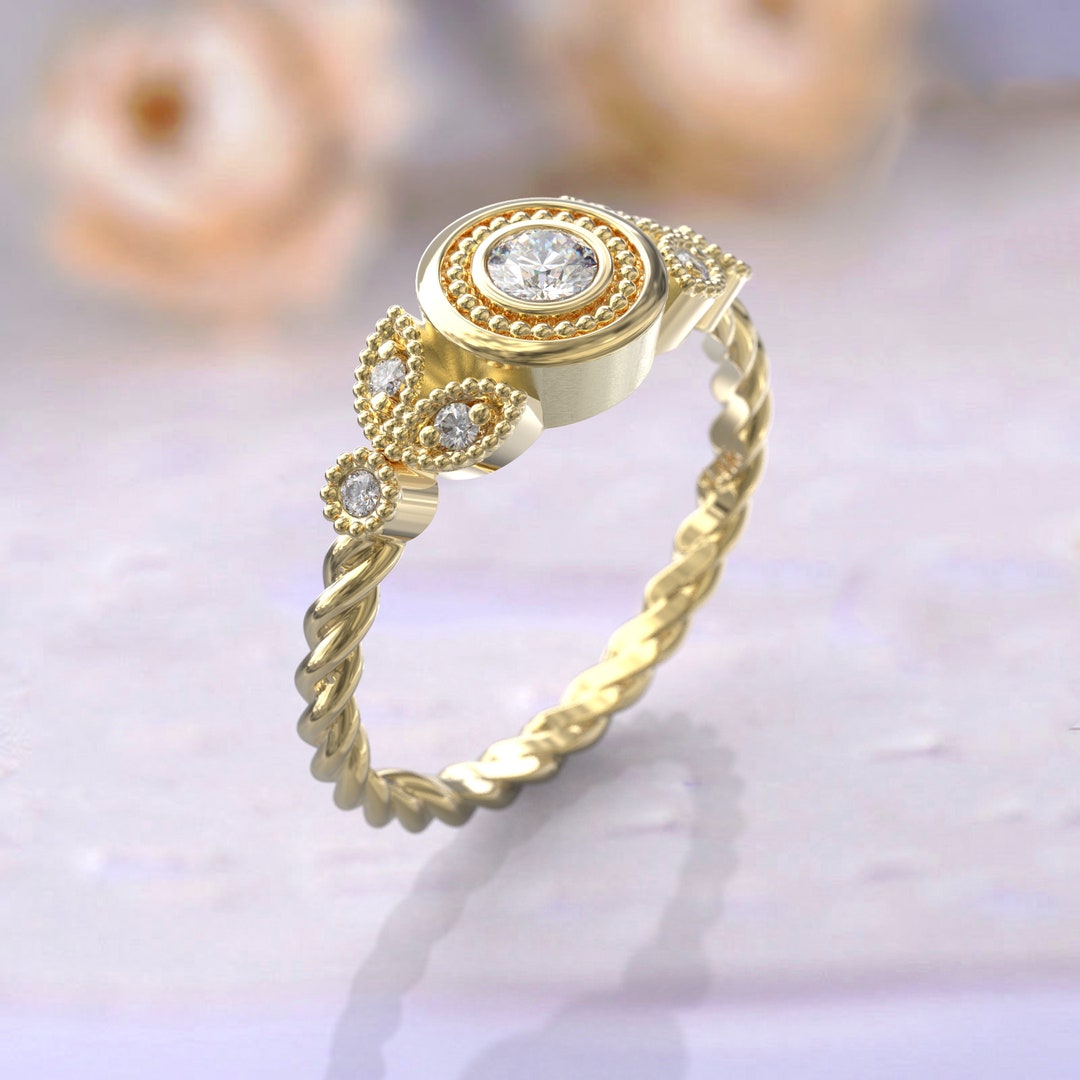 Diamond Ring Rope Rope Diamond Ring 14k Solid Gold Bezel Diamond Engagement Ring ...