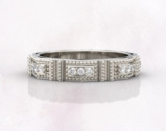 Anillos de boda para mujer, anillo de eternidad completo, regalo de aniversario, joyería nupcial Art Deco, anillo de diamantes de oro blanco de 14 k, anillo fino único apilable, regalo