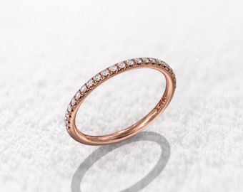 14K Gold Micro Pave Lab-Grown Diamond Wedding Ring, Thin Half Eternity Band