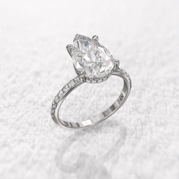 Hidden Halo Engagement Ring 3 Carat Pear Solitaire Moissanite 12.5