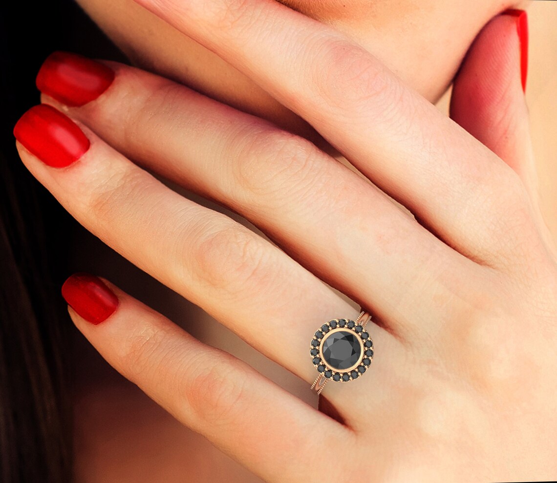 Round Black Diamond Halo Ring