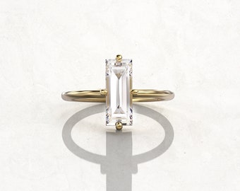 Baguette Ring 1 carat moissanite baguette engagement ring thin Baguette 10x4 mm 14k gold solitaire ring 1.5mm band
