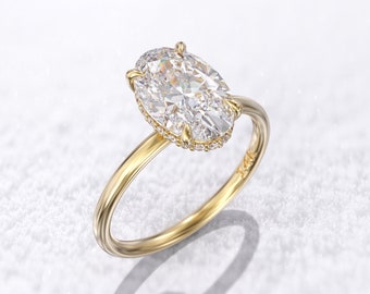Moissanite 1.5 carat oval engagement, ring skinny crushed ice oval 6.5x8.5mm,14K solid gold 1.8mm thin band & hidden halo diamond