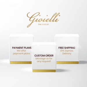 Promotional graphic reading “FINE JEWELRY,” “PAYMENT PLANS,” “CUSTOM ORDER,” and “FREE SHIPPING,” with three white display boxes on a light background.