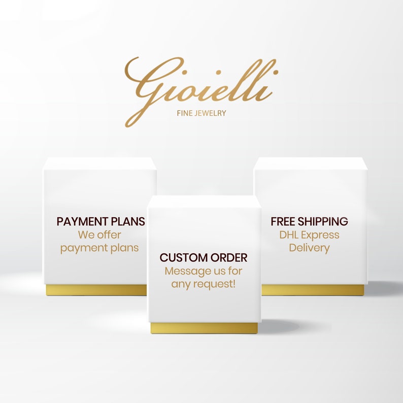 Promotional graphic reading “FINE JEWELRY,” “PAYMENT PLANS,” “CUSTOM ORDER,” and “FREE SHIPPING,” with three white display boxes on a light background.