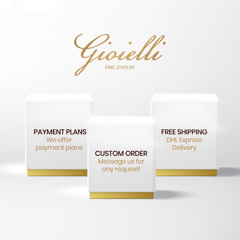 May include: Three white boxes with gold trim, each with a different message. The first box says "Payment Plans We offer payment plans". The second box says "Custom Order Message us for any request!". The third box says "Free Shipping DHL Express Delivery".