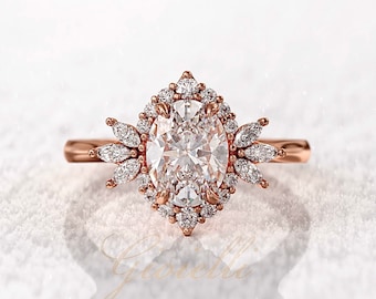 oval halo moissanite engagement ring// Cocktail Moissanite Ring// Art Deco 1.5CT Oval Moissanite// 14K / 18K Solid gold ring