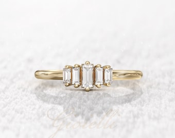 Gold Baguette Ring, dainty moissanite gold ring, 14k solid gold minimalist ring