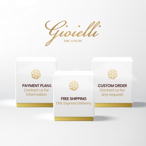 Promotional graphic showing three white jewelry boxes with gold bases, a fine jewelry logo, and messages about payment plans, free shipping, and custom orders.