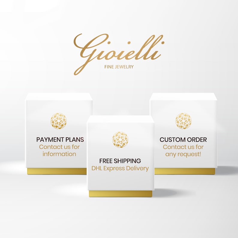 Promotional graphic showing three white jewelry boxes with gold bases, a fine jewelry logo, and messages about payment plans, free shipping, and custom orders.
