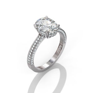 Cushion Cut Moissanite Engagement Ring, 10x8mm Cushion 3.5 ct, Diamonds hidden halo, 3 Sided pave band 0.45 ct