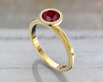 Bezel Set Ruby Ring, 14K Rose Gold Solitaire, July Birthstone