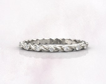 Elegante alianza de boda Art Déco con diamantes en oro blanco: regalo de aniversario, anillo fino apilable, joyería nupcial única.