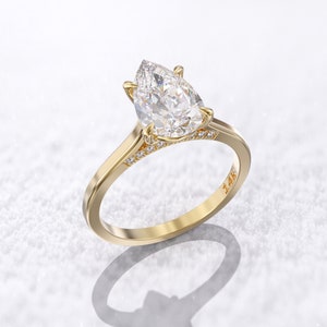 2 carat pear cut engagement ring, pear shaped moissanite, 11x7mm 1.6 ratio 14\18k thin band & Pave bridge natural diamond