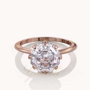Moissanite Octagon Ring, Solitaire bezel engagement ring, 2ct moissanite knife edge 1418k gold milgrain ring image 8