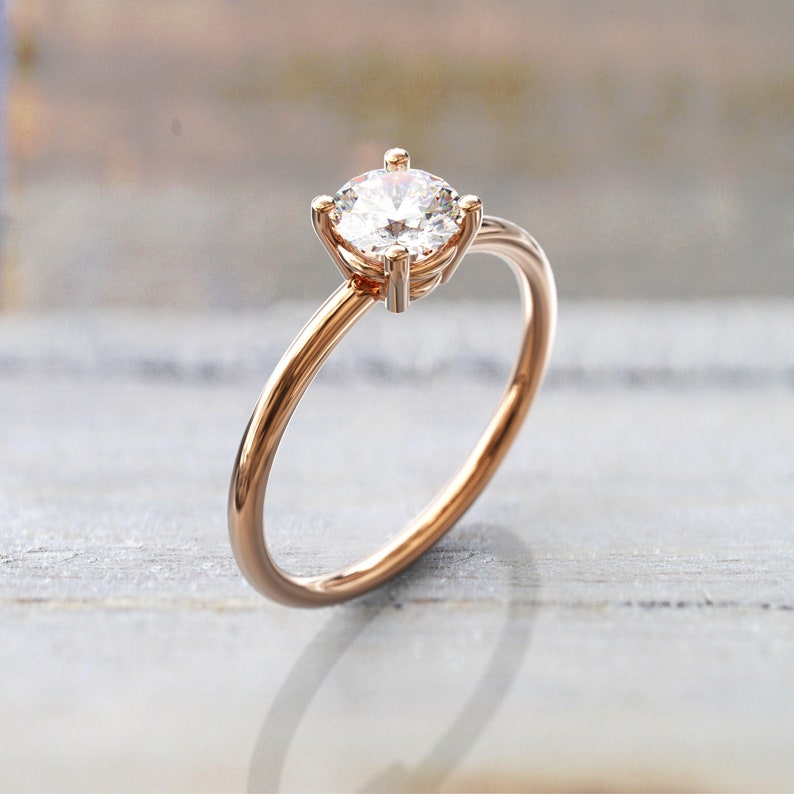 White Sapphire Engagement Ring 4 Prong 1CT Round Solitaire 14k Solid Rose Gold minimalist Ring image 1