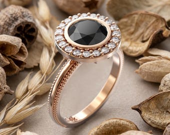 Black Moissanite Ring, Halo Diamond, Art Deco Rose Gold Engagement