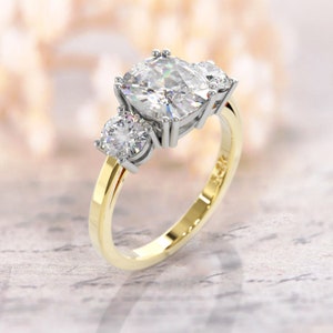 Cushion Cut Engagement Ring 3 stone ring 3ct moissanite Cushion Cut Center Stone & 0.5 ct Accents Moissanite 14k gold Meghan ring