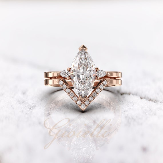 2ct Pear Lab Grown Diamond Ring Stack Rose Gold Solitaire Ring Bridal Set 18K Rose Gold / 5.0