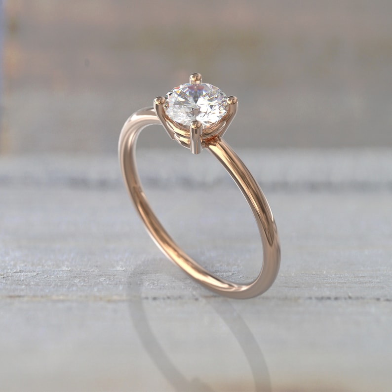 White Sapphire Engagement Ring 4 Prong 1CT Round Solitaire 14k Solid Rose Gold minimalist Ring image 5
