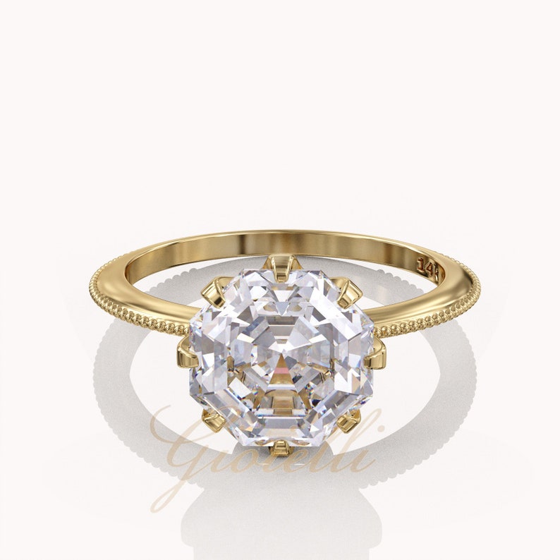 Moissanite Octagon Ring, Solitaire bezel engagement ring, 2ct moissanite knife edge 1418k gold milgrain ring image 4
