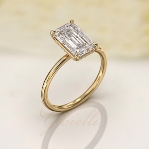 Emerald cut hidden halo diamond engagement ring, 3ct Emerald Cut Moissanite 10x6.5mm, 14k / 18k, 1.5mm thin band