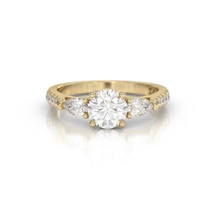1.5CT Lab Grown Diamond Three Stone Engagement Ring, 14k gold Ring, Minimalist Promise Ring, Pear Side Diamond ring, IGI Certified