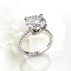 Anillo de compromiso de moissanita de corte redondo de 3 quilates, anillo de aniversario solitario clásico de 4 puntas, banda de diamantes pavé de 14\18k